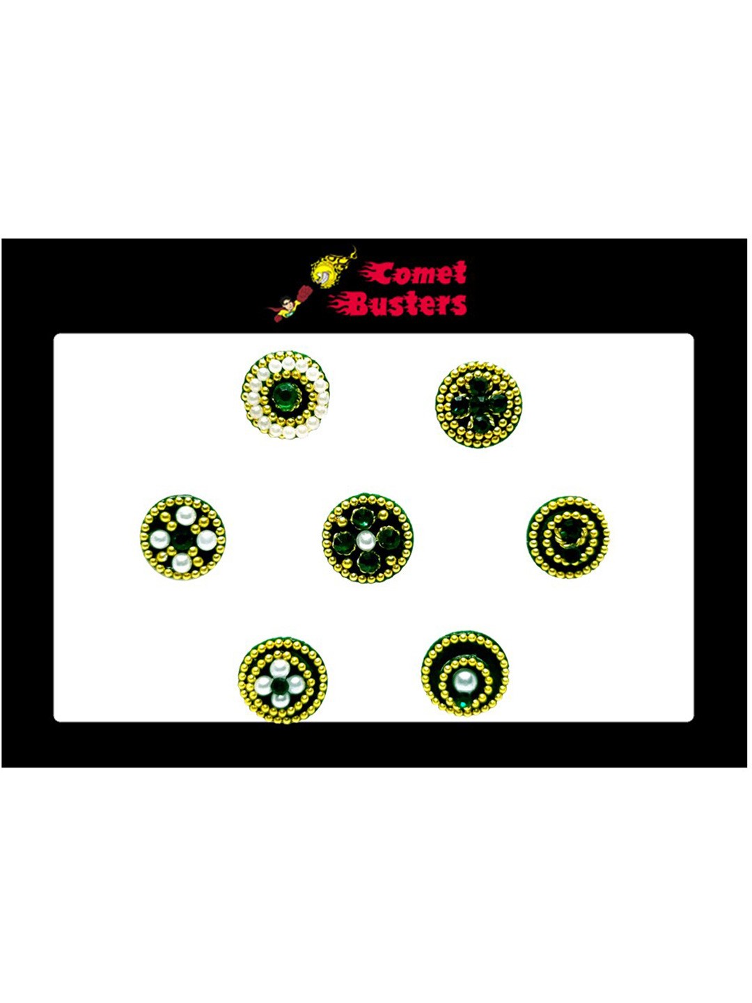 

Comet Busters 7 Pcs Stone-Studded & Beaded Traditional Designer Bindis - Green & Gold
