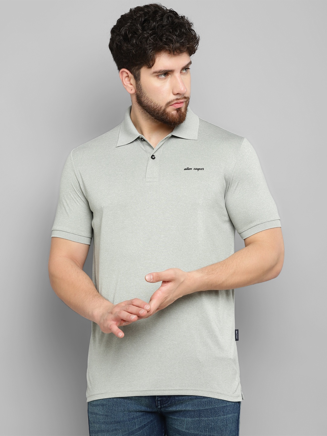 

Allen Cooper Brand Logo Embroidered Dry Fit Polo Collar T-shirt, Grey melange