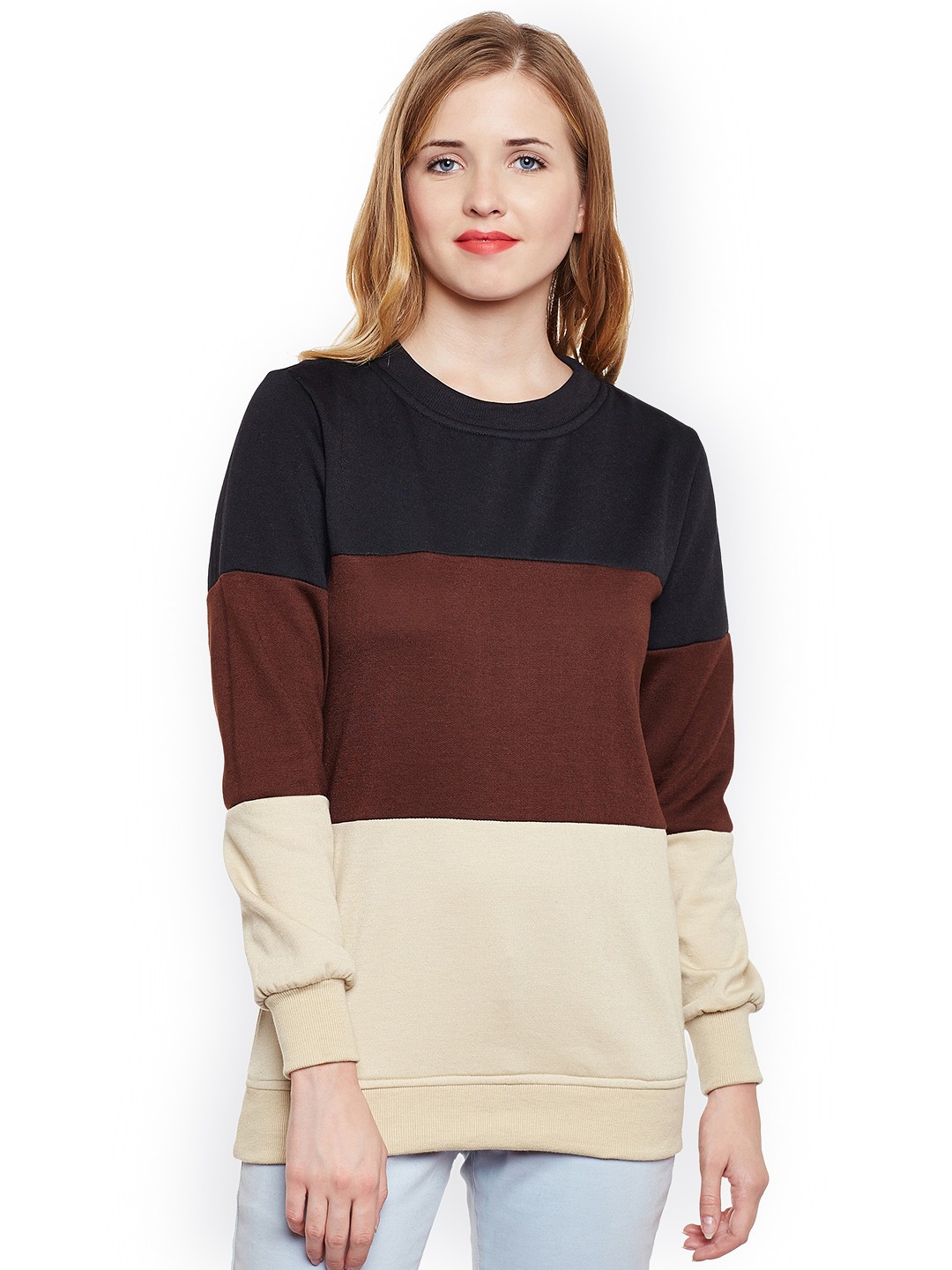 

Belle Fille Women Black & Brown Colourblocked Sweatshirt