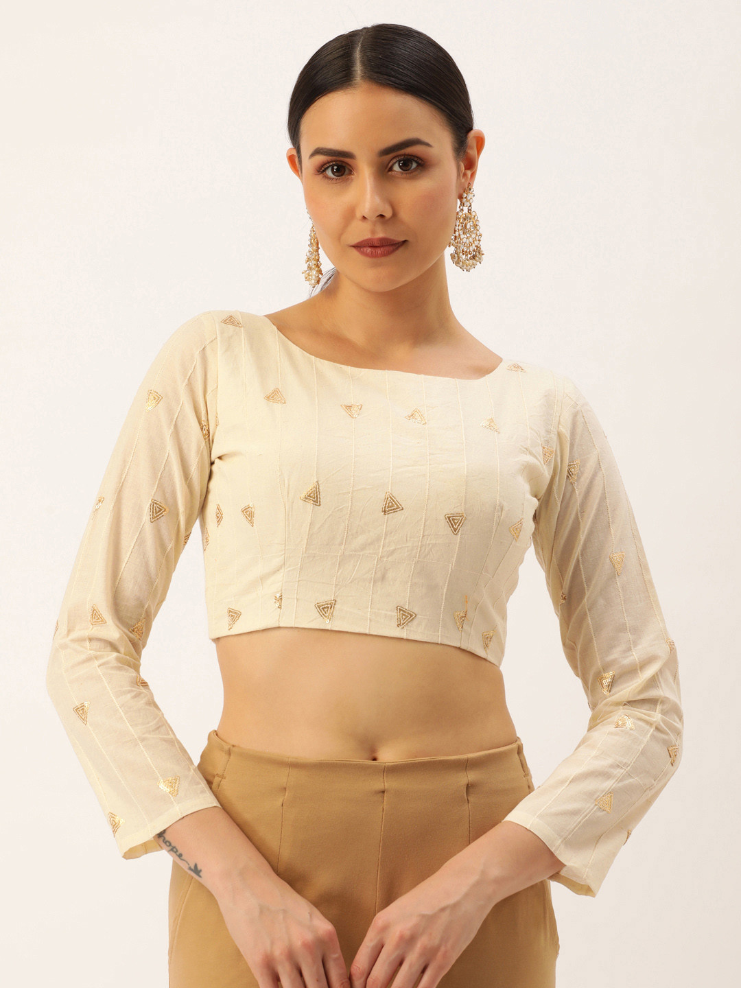 

LOOKNBOOK ART Embroidered Sequinned Pure Cotton Readymade Saree Blouse, Off white