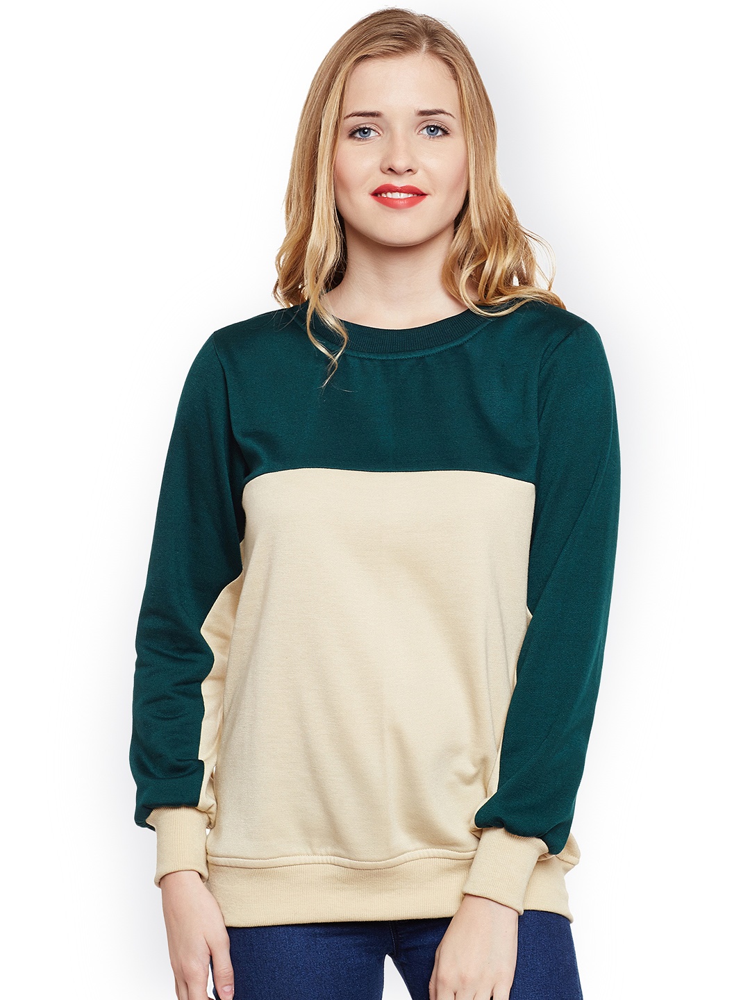 

Belle Fille Women Teal Green & Nude-Coloured Colourblocked Sweatshirt