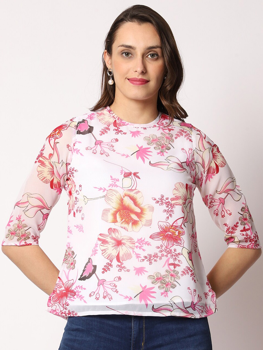 

Vastraa Fusion Floral Printed Round Neck Georgette Top, White