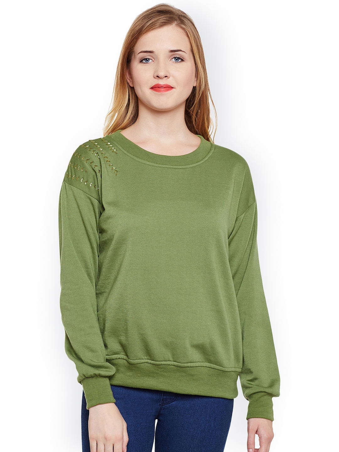 

Belle Fille Women Olive Green Solid Sweatshirt