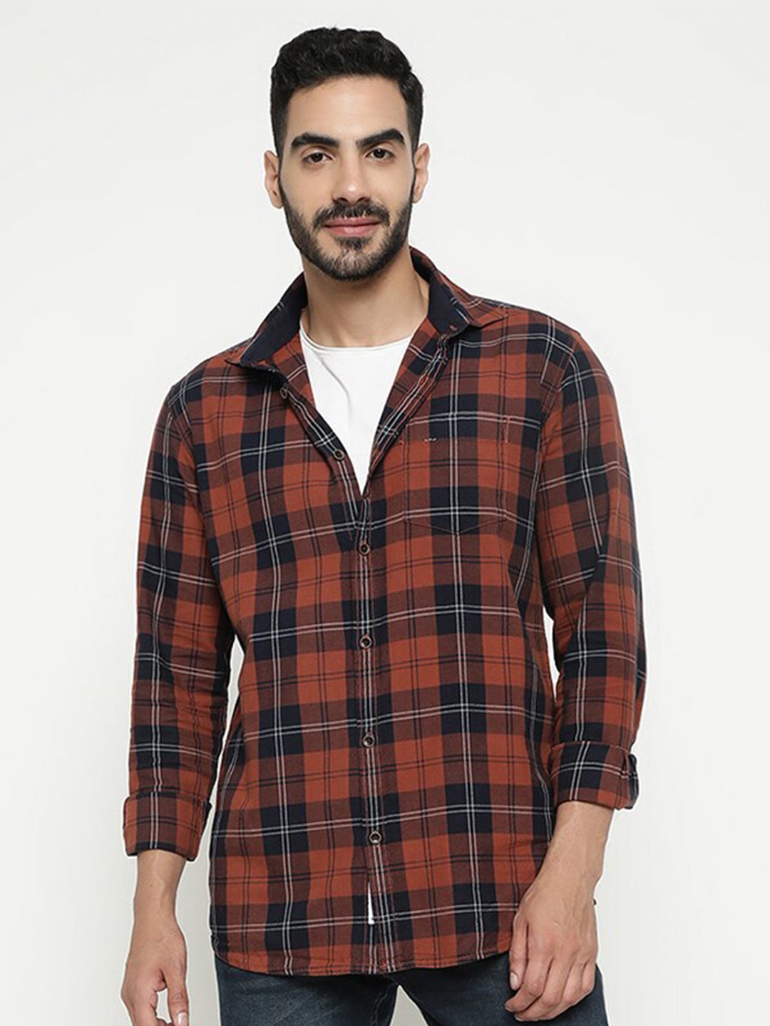 

METTLE Tartan Checked Casual Shirt, Orange