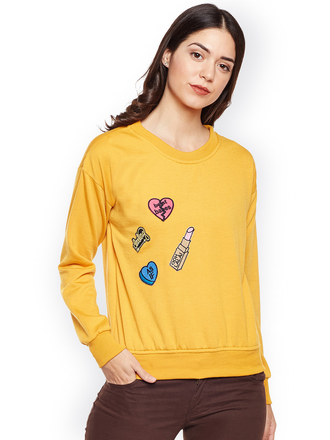 

Belle Fille Women Mustard Yellow Solid Sweatshirt