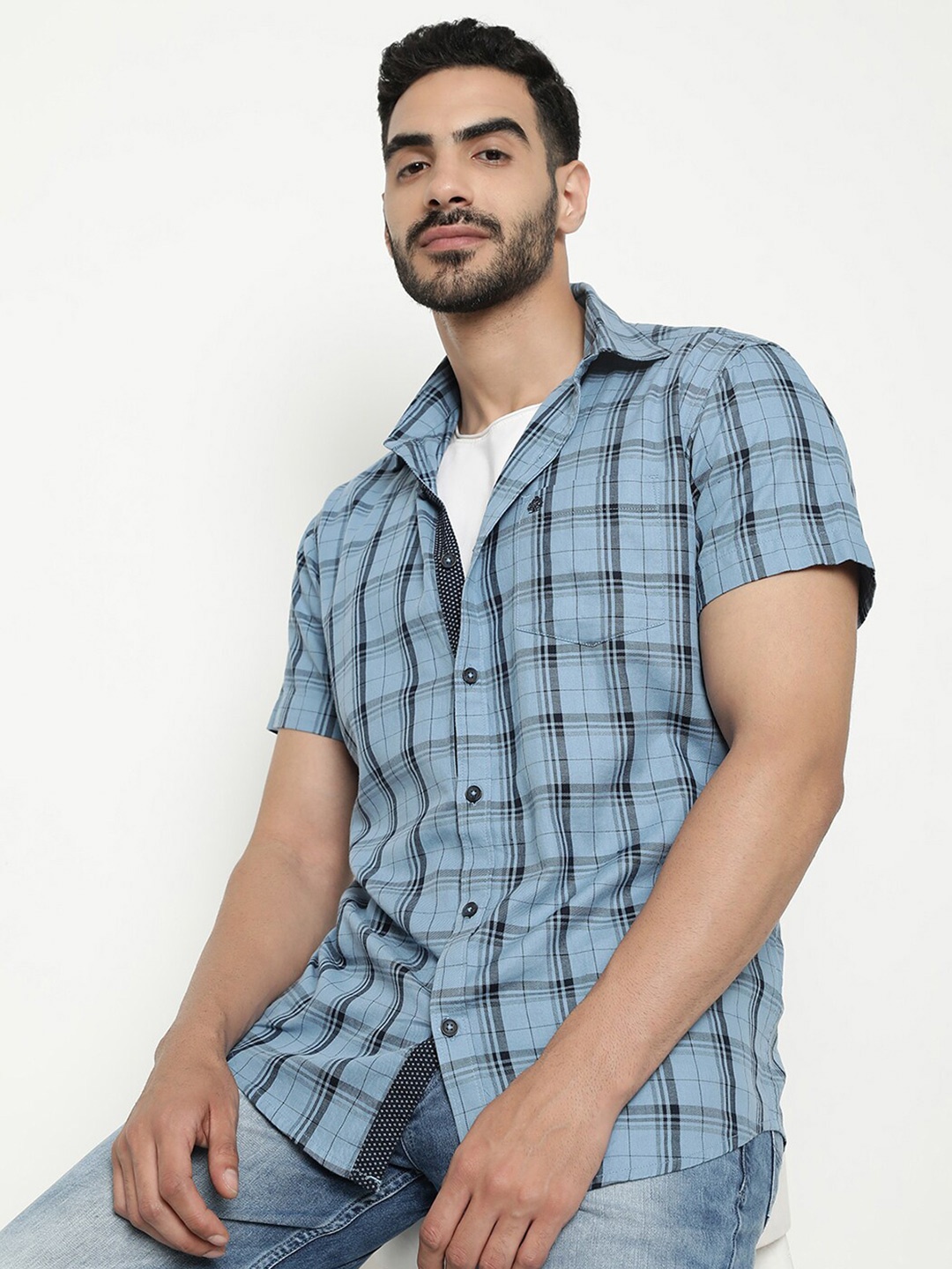 

METTLE Checked Short Sleeves Cotton Casual Shirt, Blue