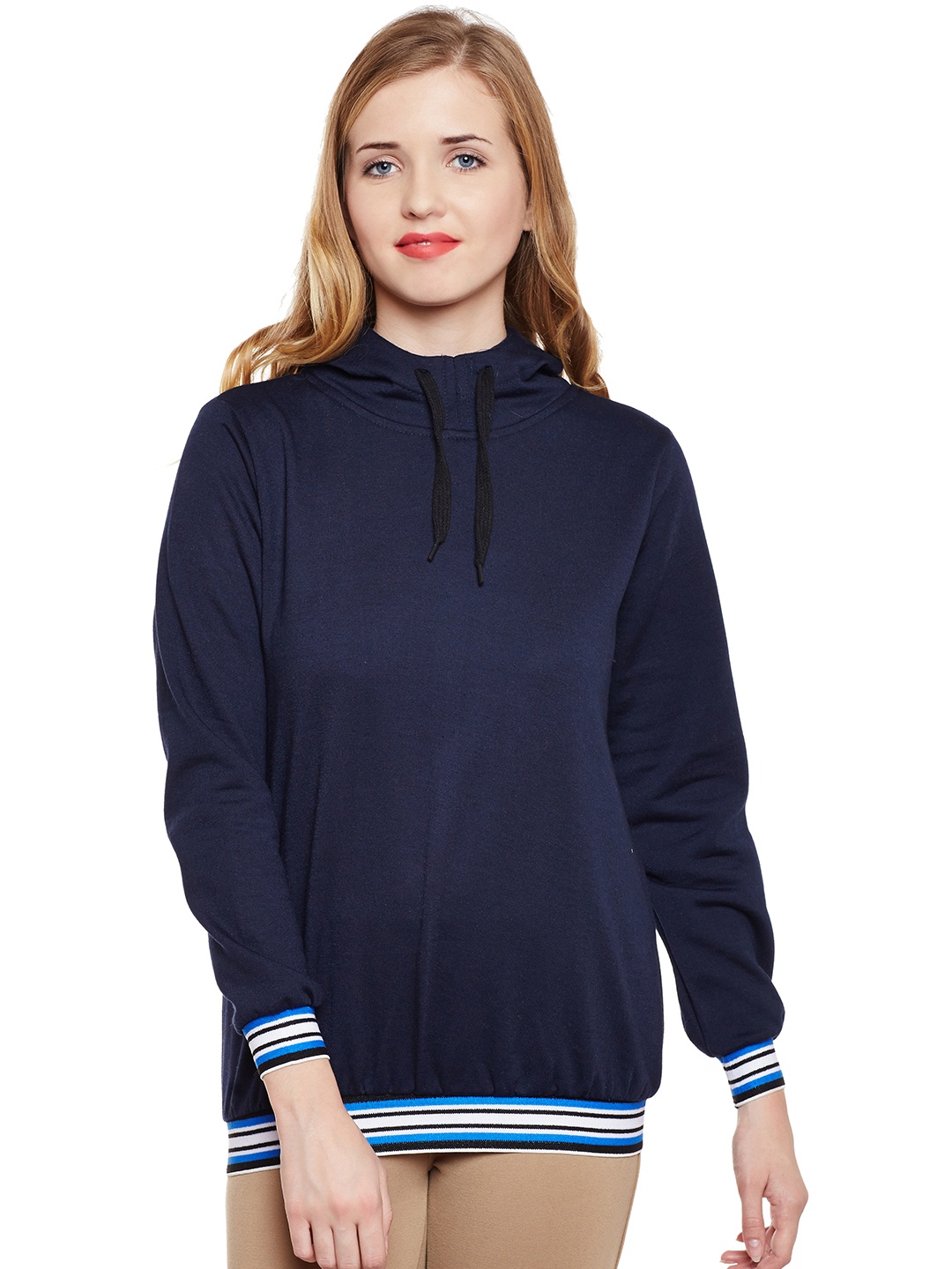 

Belle Fille Women Navy Blue Solid Hooded Sweatshirt