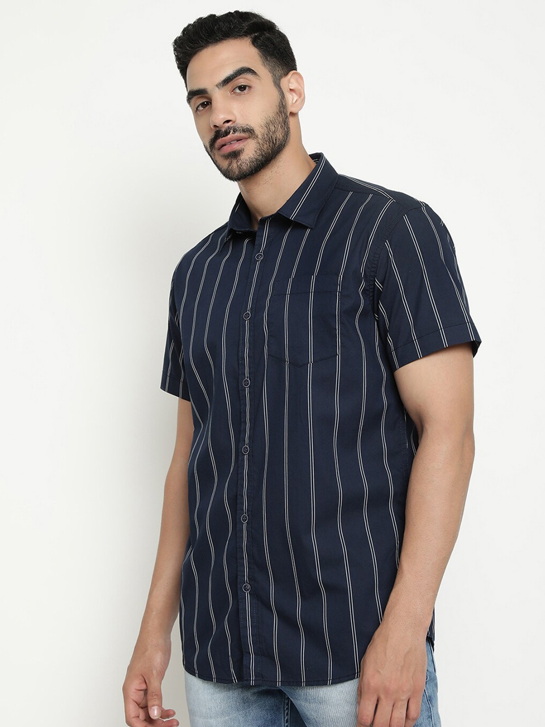 

METTLE Opaque Striped Casual Shirt, Navy blue