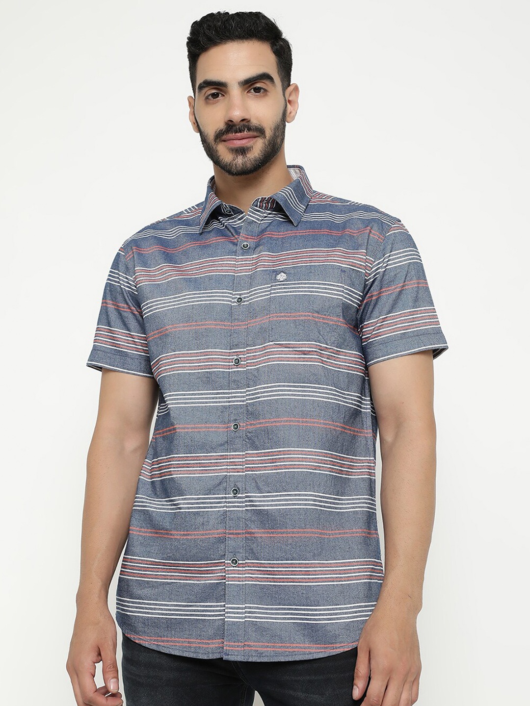 

METTLE Horizontal Striped Casual Shirt, Blue