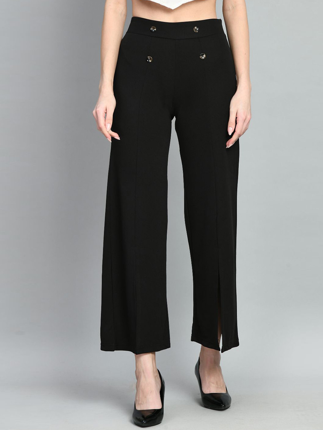 

IUGA Women Mid Rise Front Slits Relaxed Straight Leg Parallel Trousers, Black