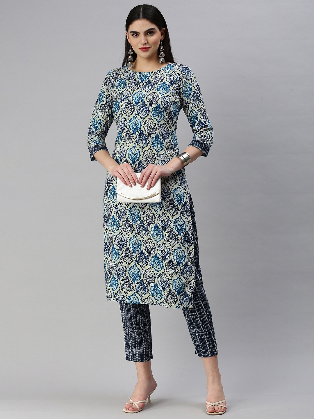 

HRITIKA Ethnic Motifs Printed Regular Kurta with Trousers, Cream