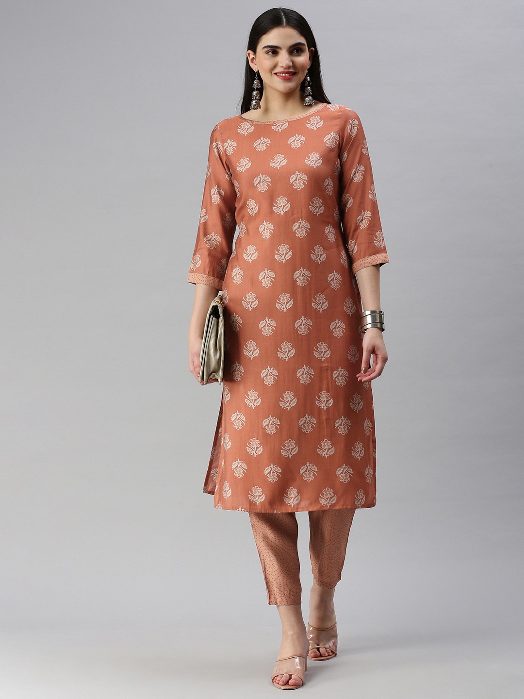 

HRITIKA Floral Printed Regular Chanderi Cotton Kurta with Trousers, Rust
