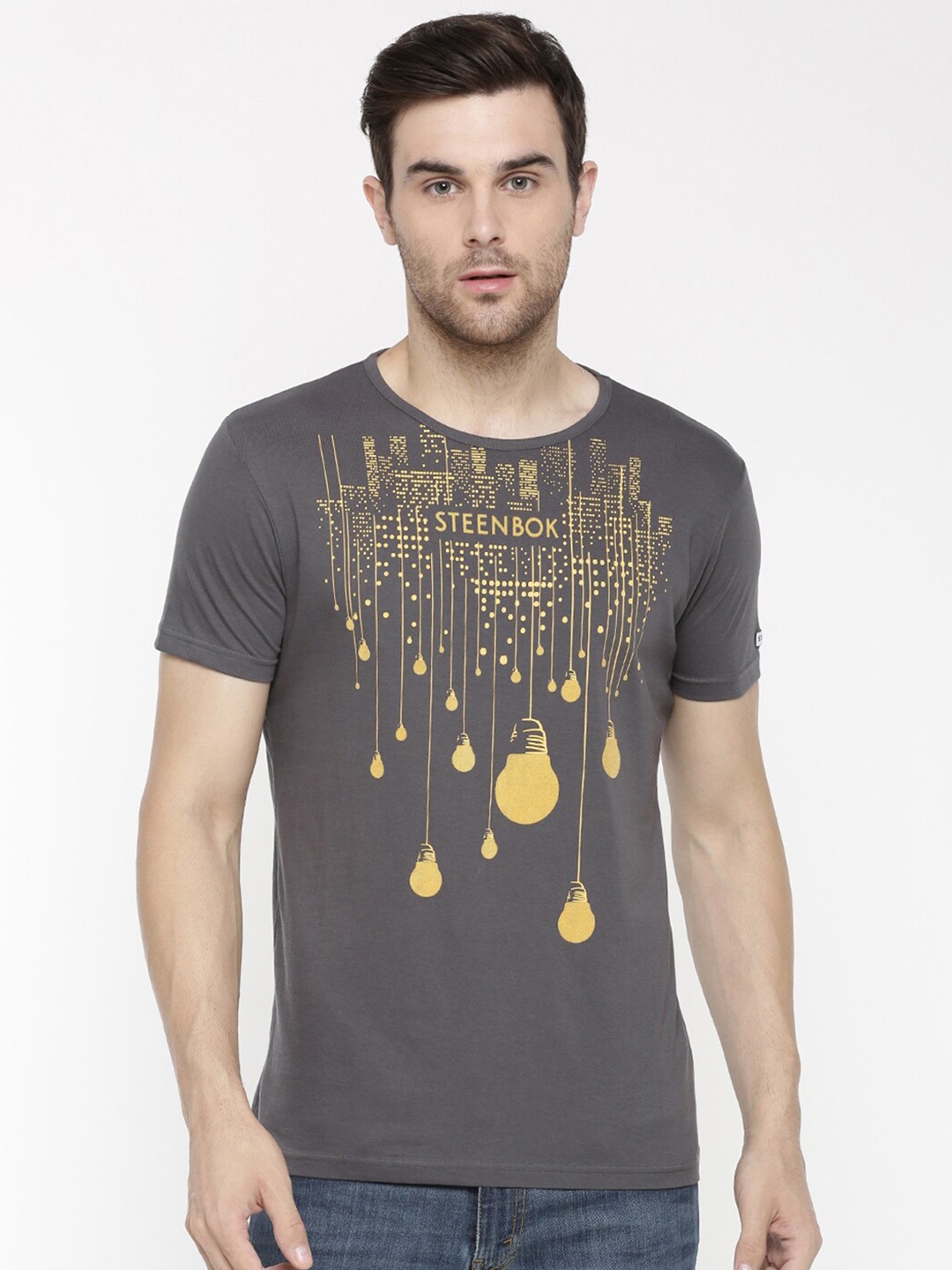 

Steenbok Graphic Printed Round Neck Pure Cotton Slim Fit T-shirt, Charcoal