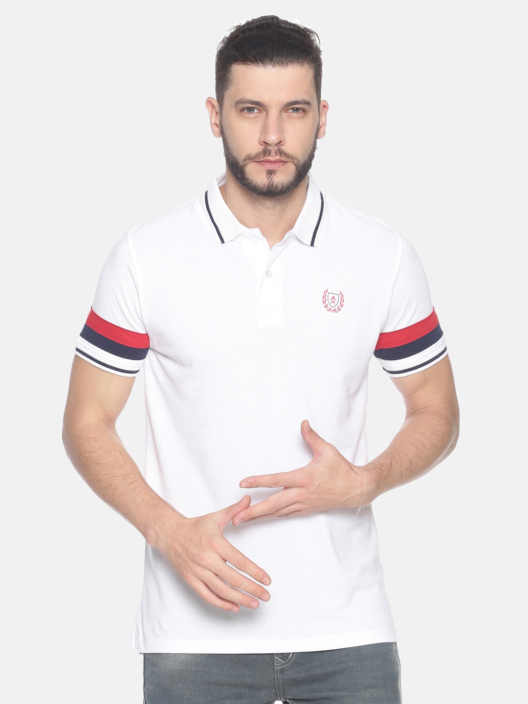 

Steenbok Men White Polo Collar Drop-Shoulder Sleeves Applique T-shirt