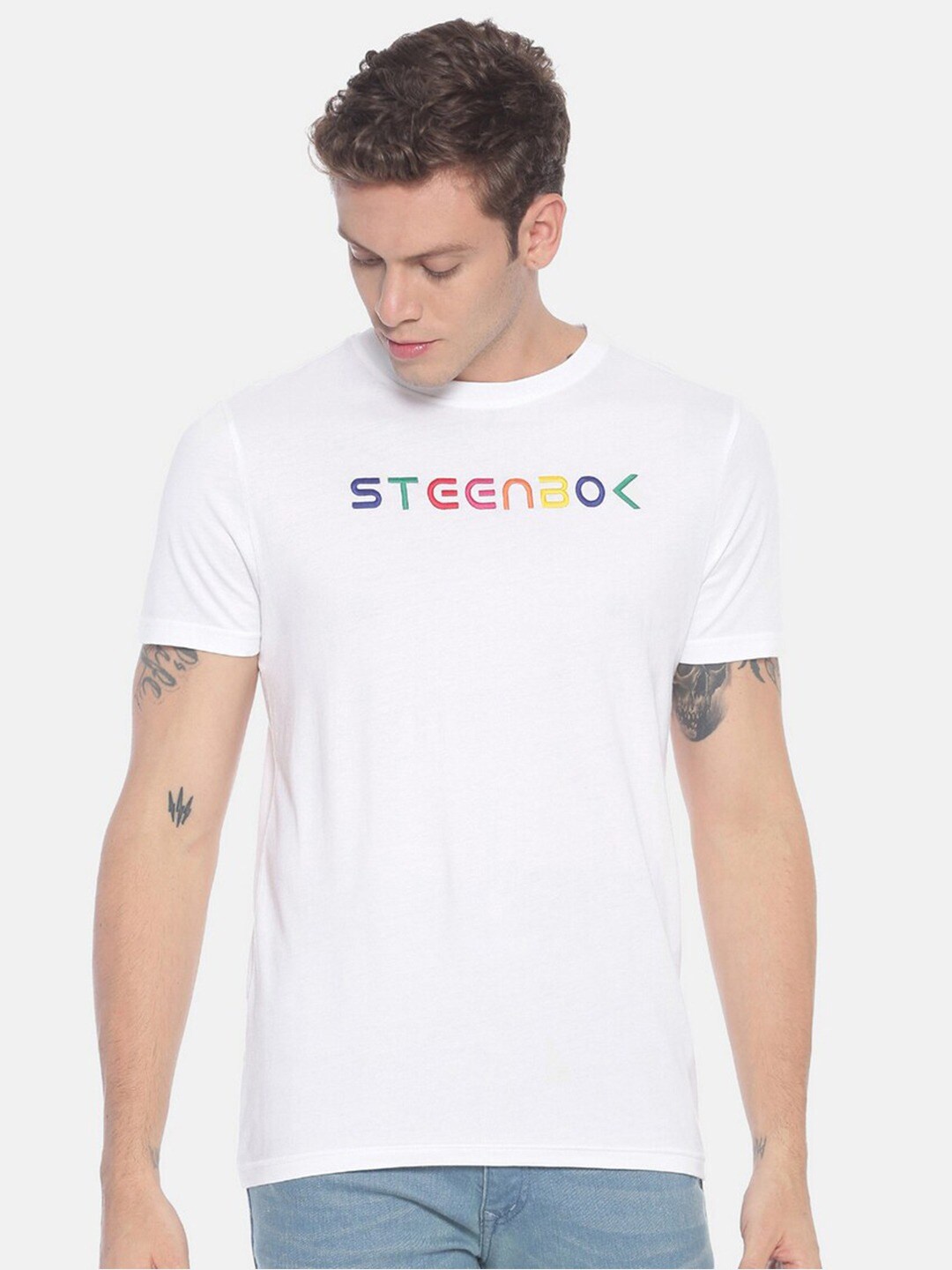 

Steenbok Typography Embroidered Round Neck Pure Cotton T-shirt, White