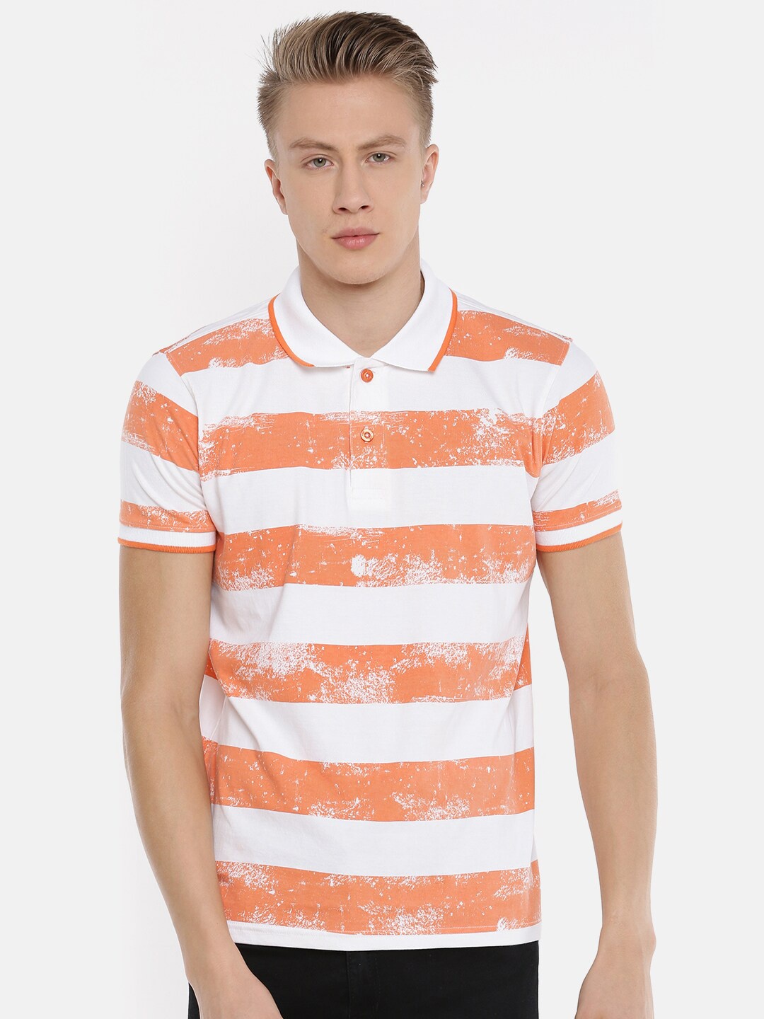 

Steenbok Striped Polo Collar Pure Cotton T-shirt, Orange