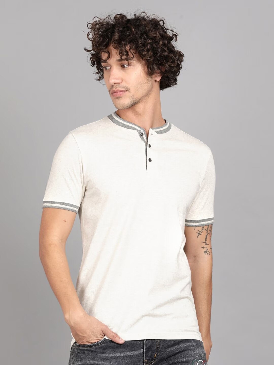 

Steenbok Contrast Trim Mandarin Collar Pure Cotton T-shirt, Beige