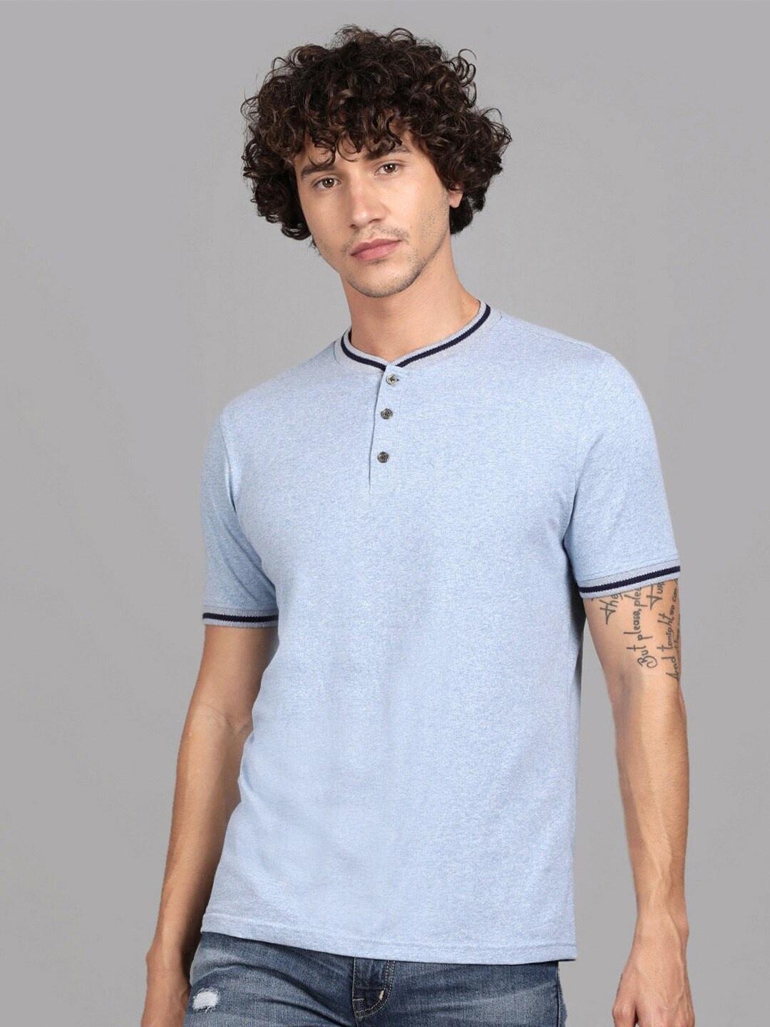 

Steenbok Contrast Trim Mandarin Collar Pure Cotton T-shirt, Blue