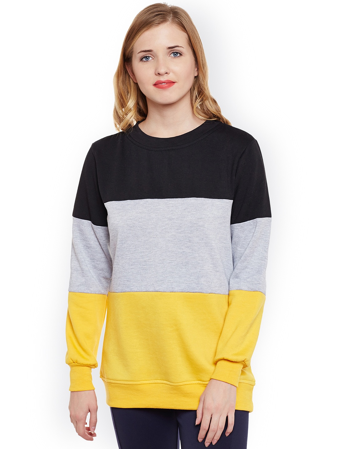 

Belle Fille Women Black & Grey Melange Colourblocked Sweatshirt