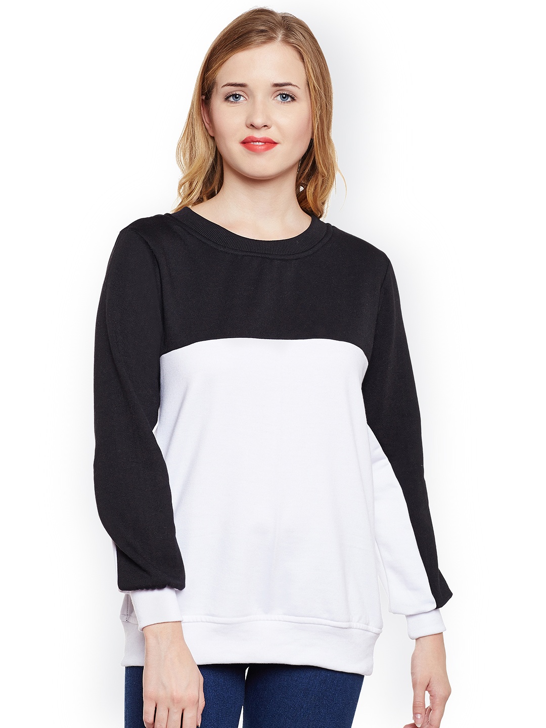 

Belle Fille Women Black & White Colourblocked Sweatshirt