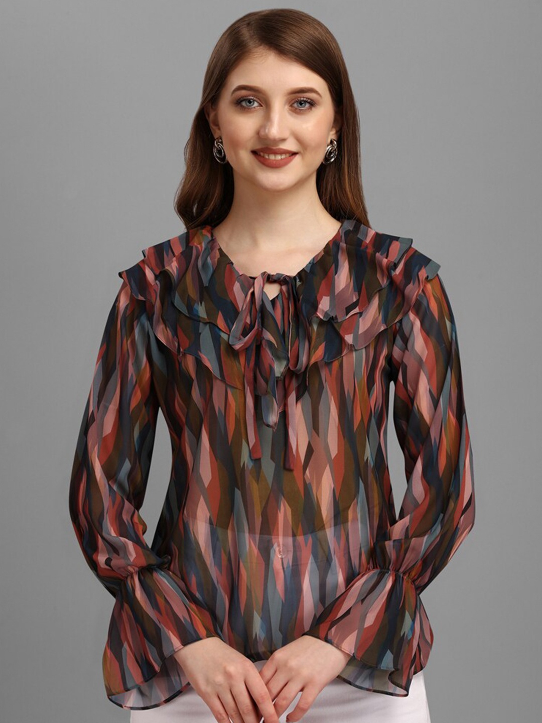 

Masakali.Co Printed Tie-Up Neck Bell Sleeve Ruffled Top, Brown