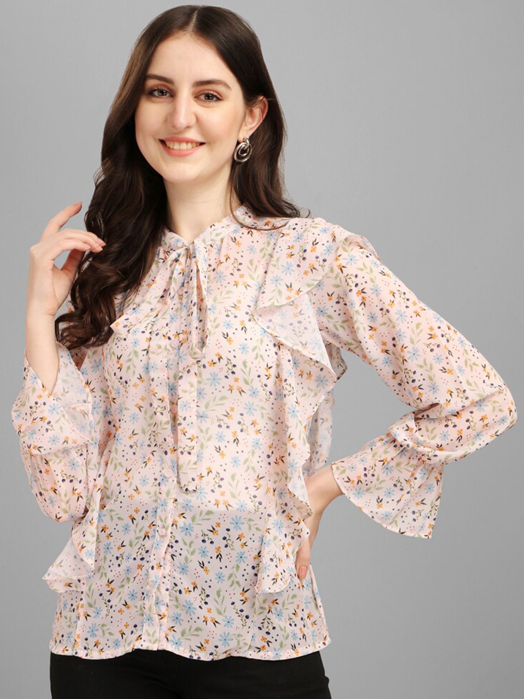 

Masakali.Co Floral Printed Tie-Up Neck Bell Sleeve Ruffled Top, Cream