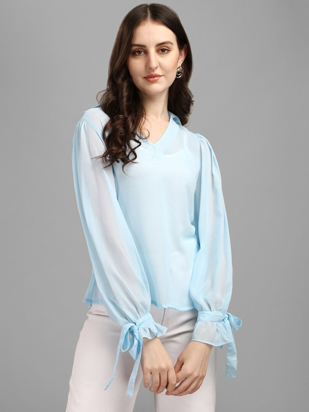 

Masakali.Co V-Neck Bell Sleeves A-Line Top, Blue