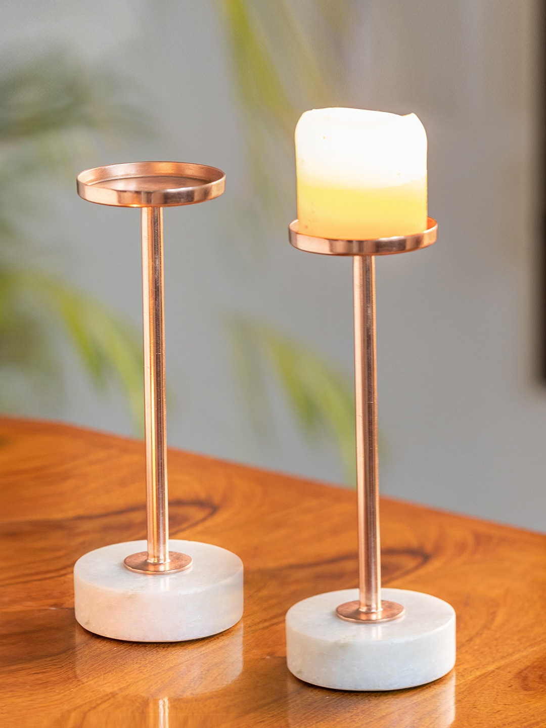 

ExclusiveLane Copper Toned 2 Pcs Glossy Finished Copper & Marble Tea Light Candle Holders