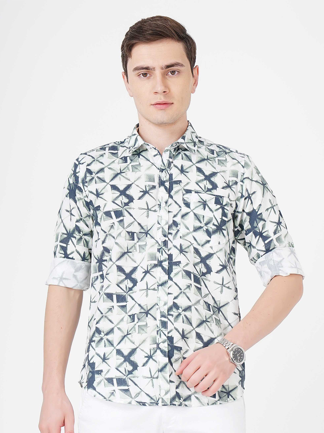 

SORATIA Geometric Printed Slim Fit Cotton Casual Shirt, Green