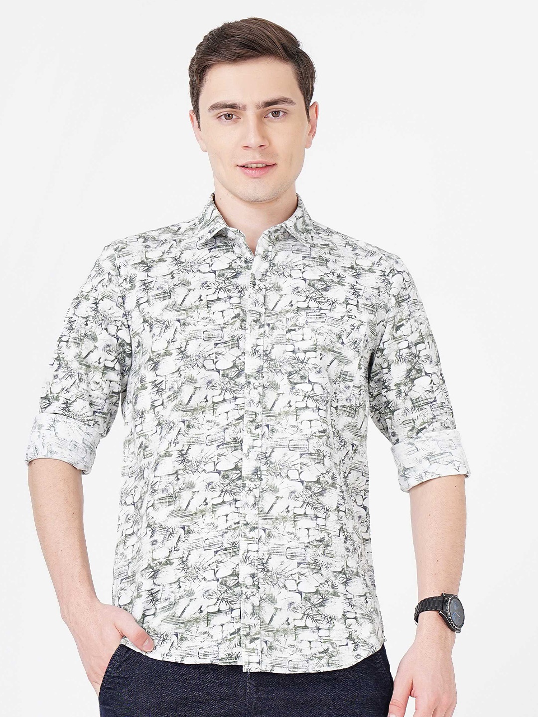 

SORATIA Abstract Printed Slim Fit Cotton Casual Shirt, Green
