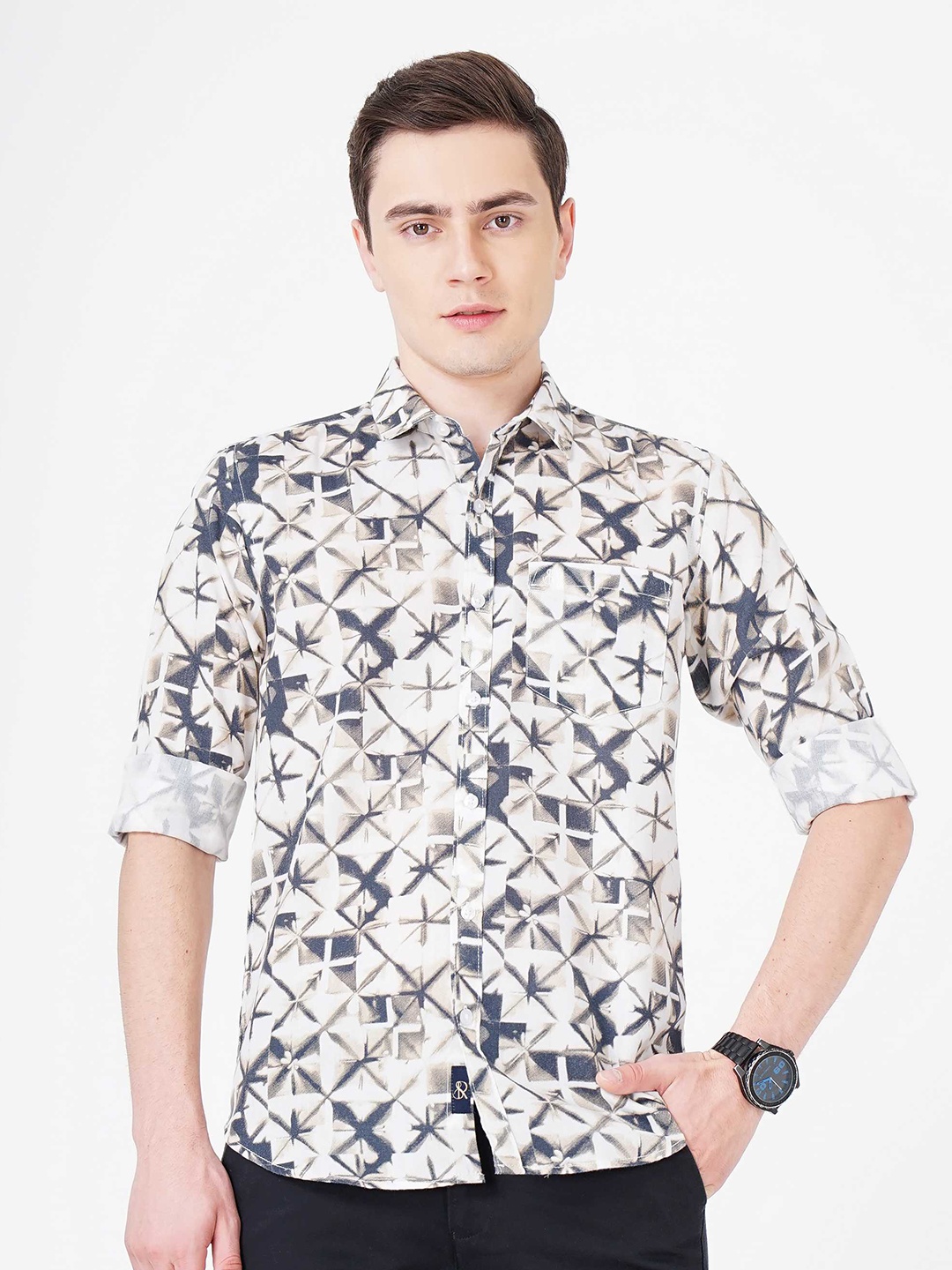 

SORATIA Geometric Printed Slim Fit Cotton Casual Shirt, Navy blue