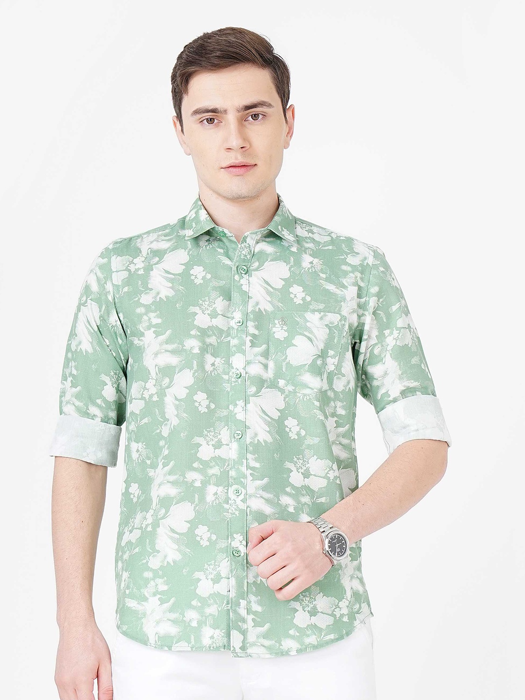 

SORATIA Floral Printed Slim Fit Cotton Casual Shirt, Green