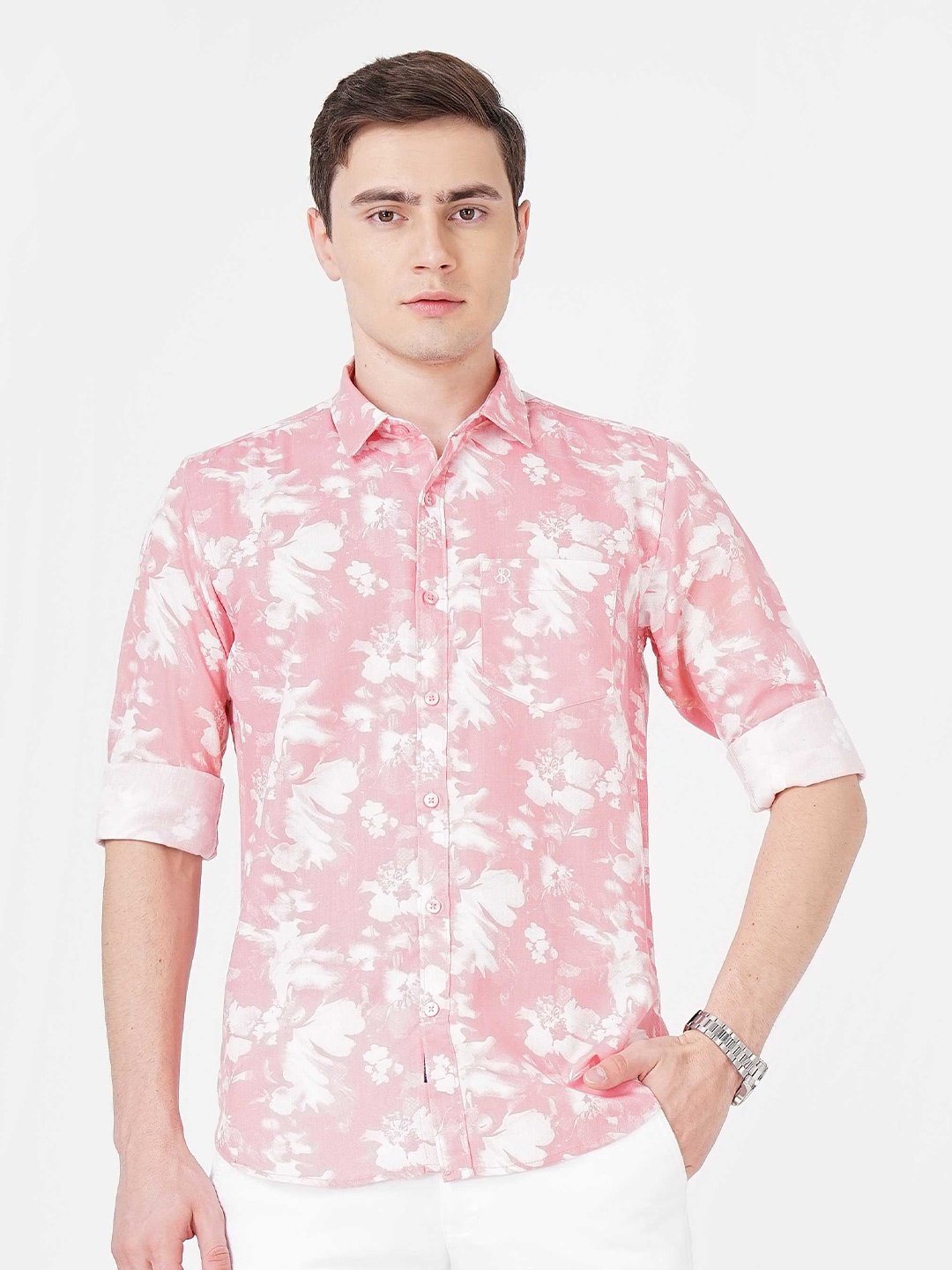 

SORATIA Floral Printed Slim Fit Cotton Casual Shirt, Pink