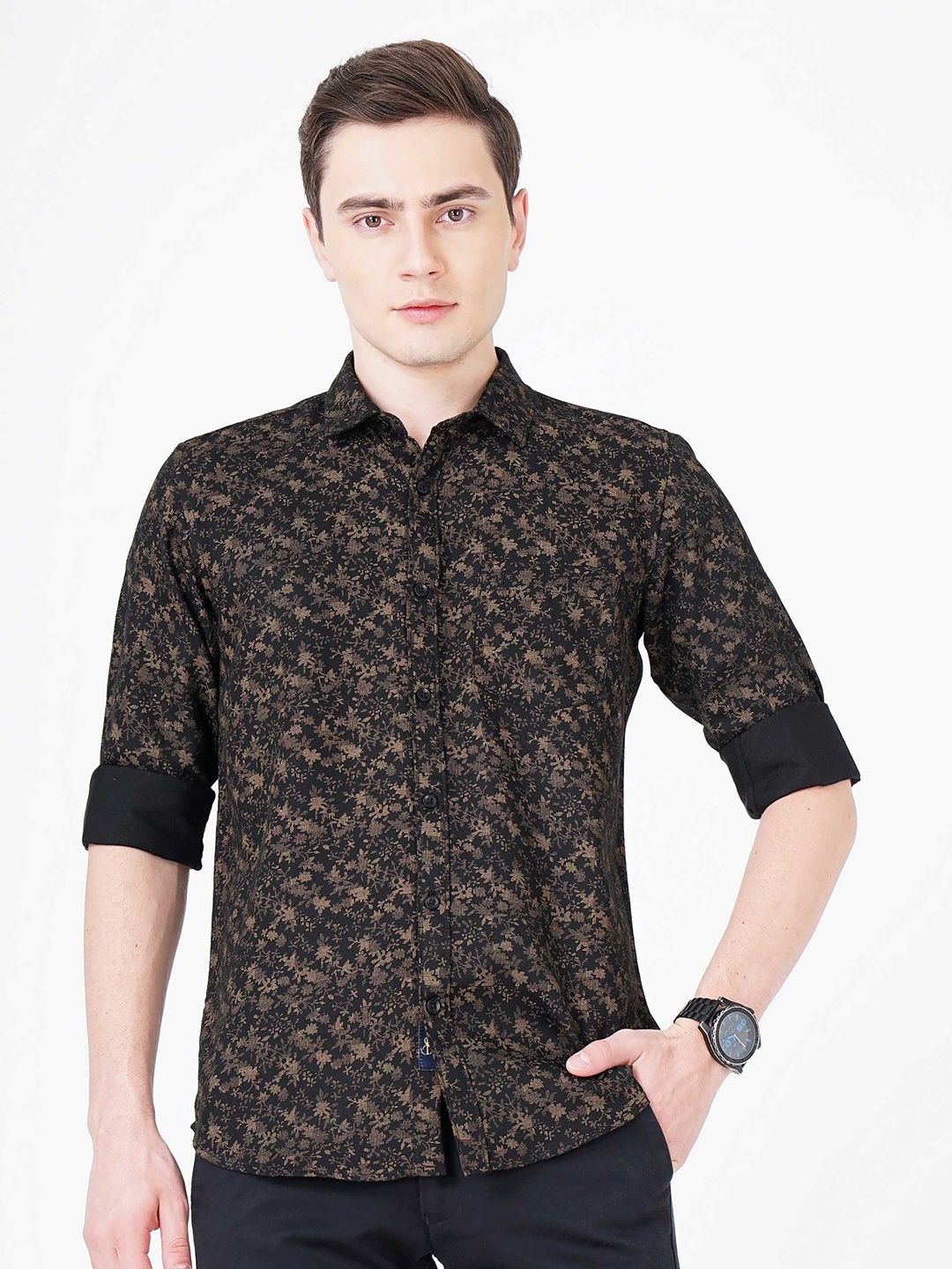 

SORATIA Floral Printed Slim Fit Cotton Casual Shirt, Black