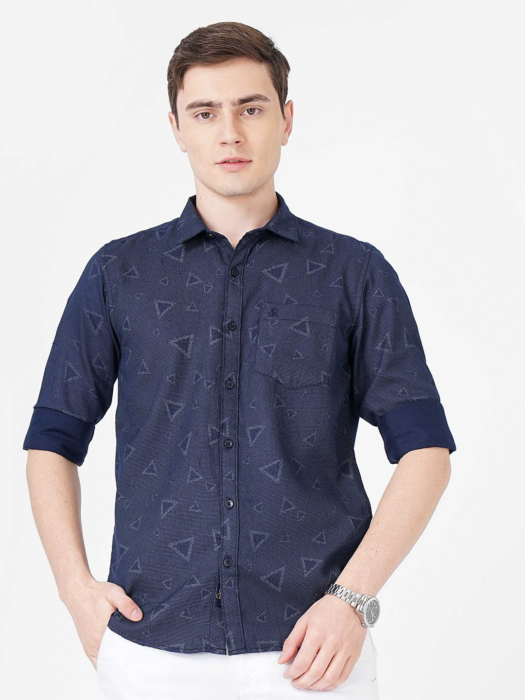 

SORATIA Geometric Self Design Slim Fit Cotton Casual Shirt, Navy blue