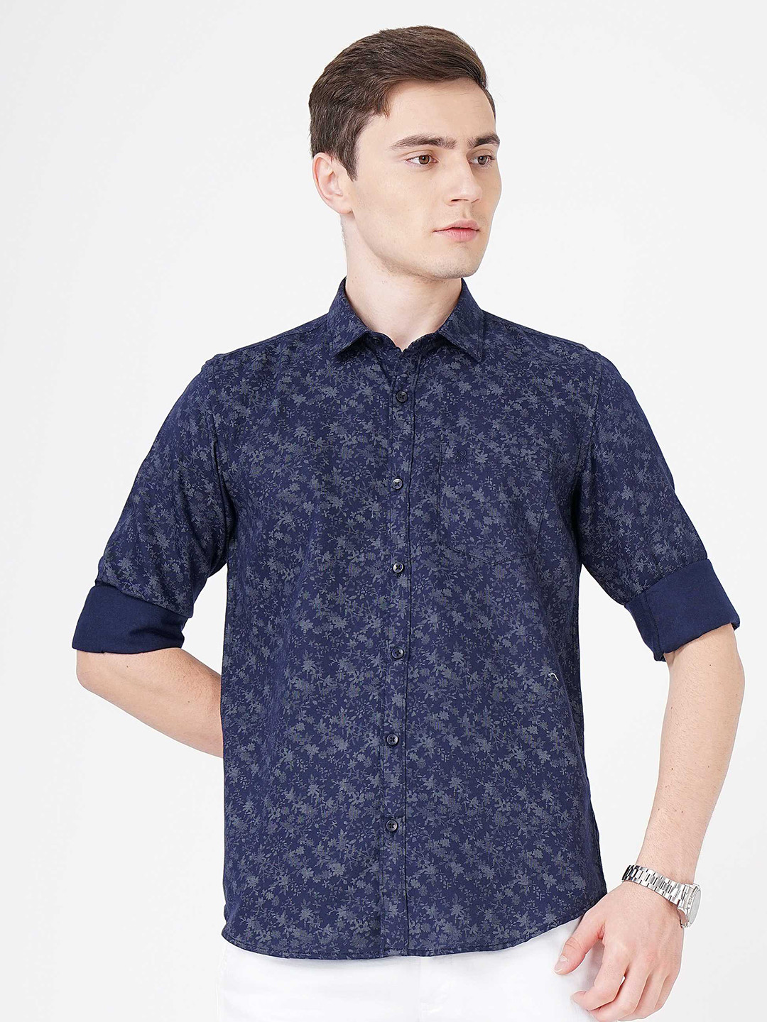 

SORATIA Floral Printed Slim Fit Cotton Casual Shirt, Navy blue