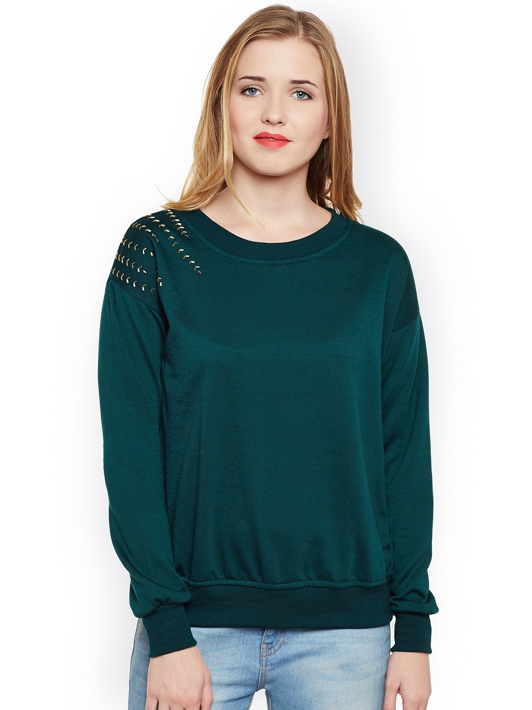 

Belle Fille Women Teal Green Solid Sweatshirt