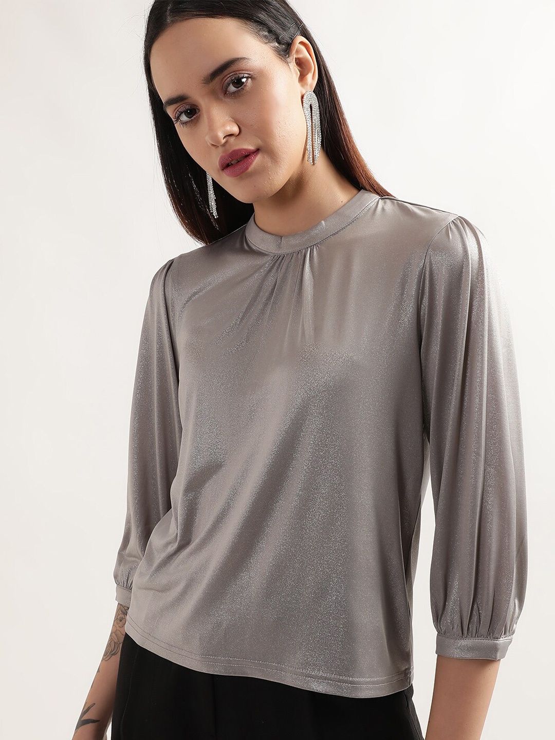 

CENTRESTAGE Self Designed Shimmer Puff Sleeve Top, Grey