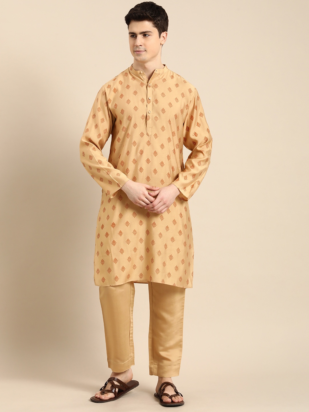 Anouk Men Ethnic Motifs Printed Regular Kurta with Pyjamas, Cream