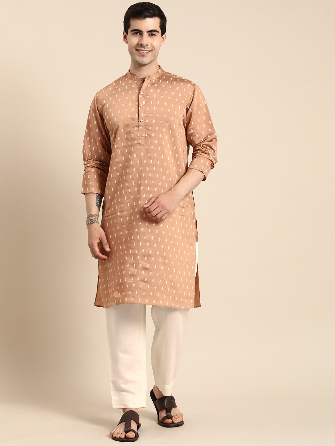 Anouk Men Ethnic Motifs Printed Regular Kurta with Pyjamas, Tan