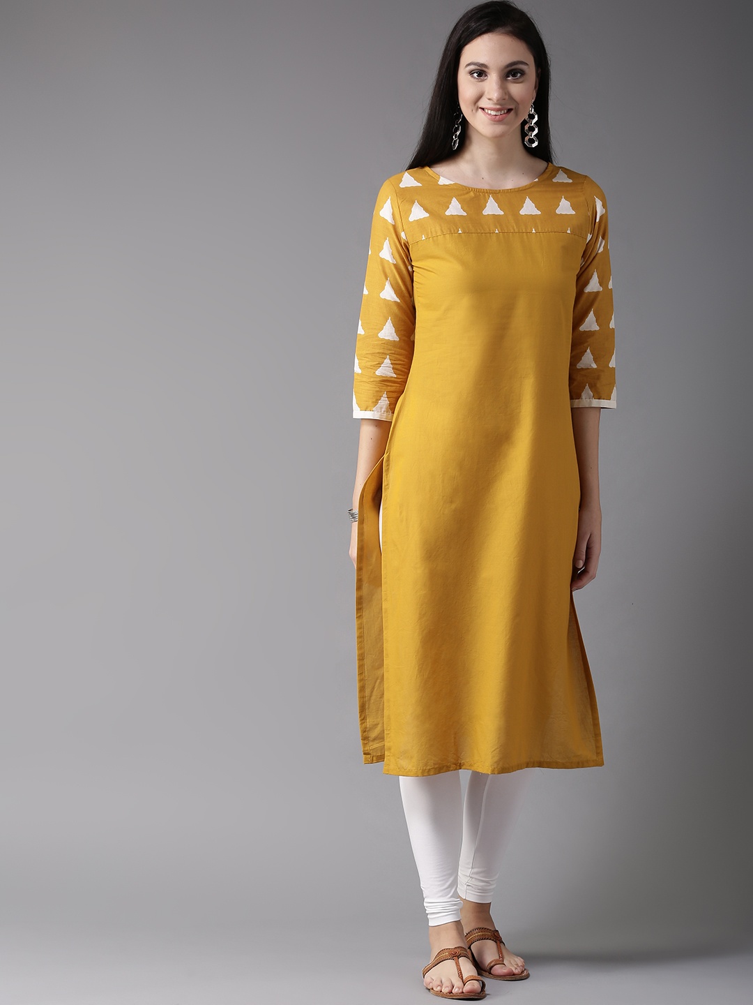 

HERE&NOW Women Mustard Yellow Printed Detail Straight Kurta