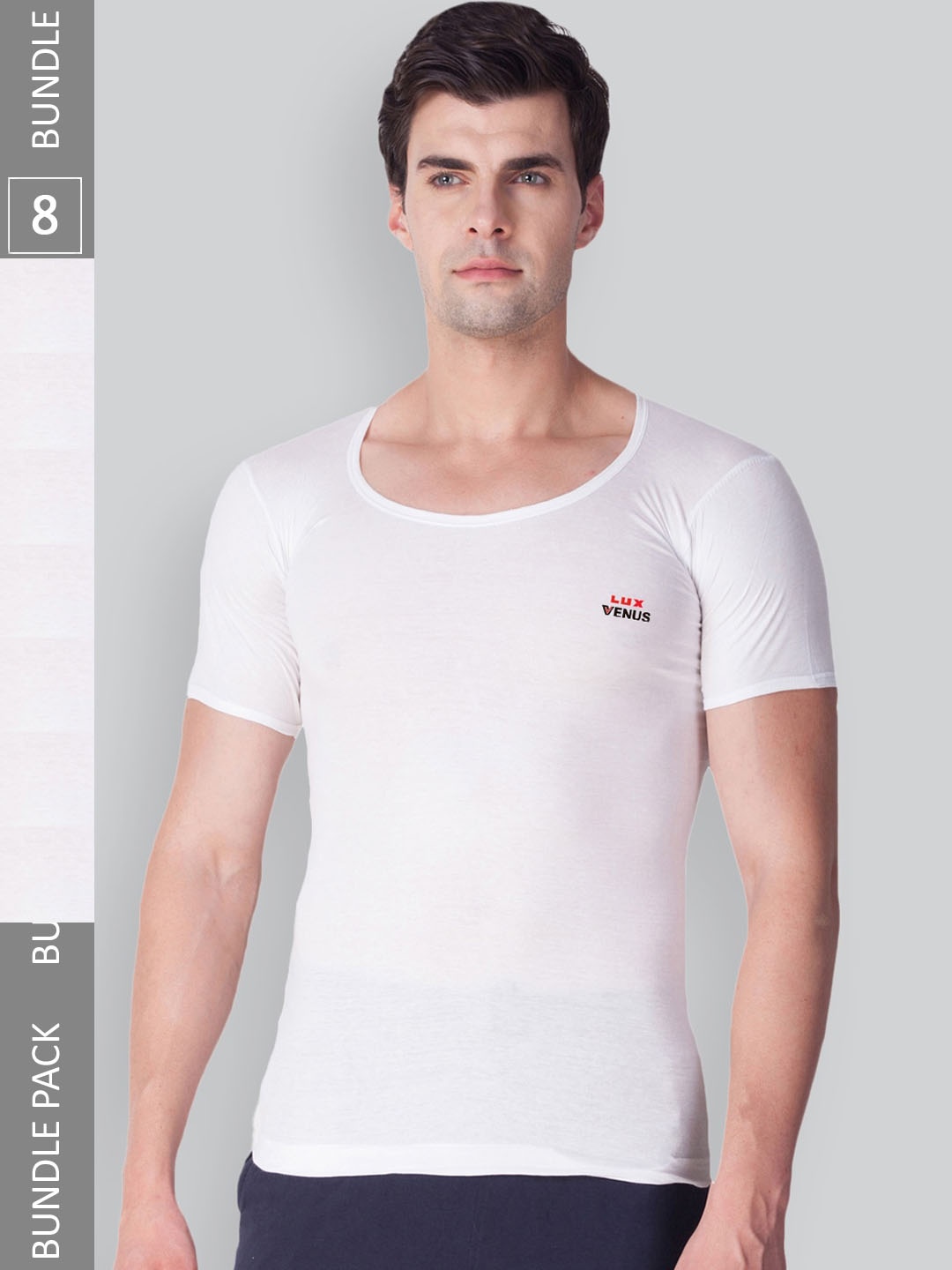 

LUX VENUS Men Pack Of 8 Round Neck Pure Combed Cotton Undershirt Innerwear Vests, White