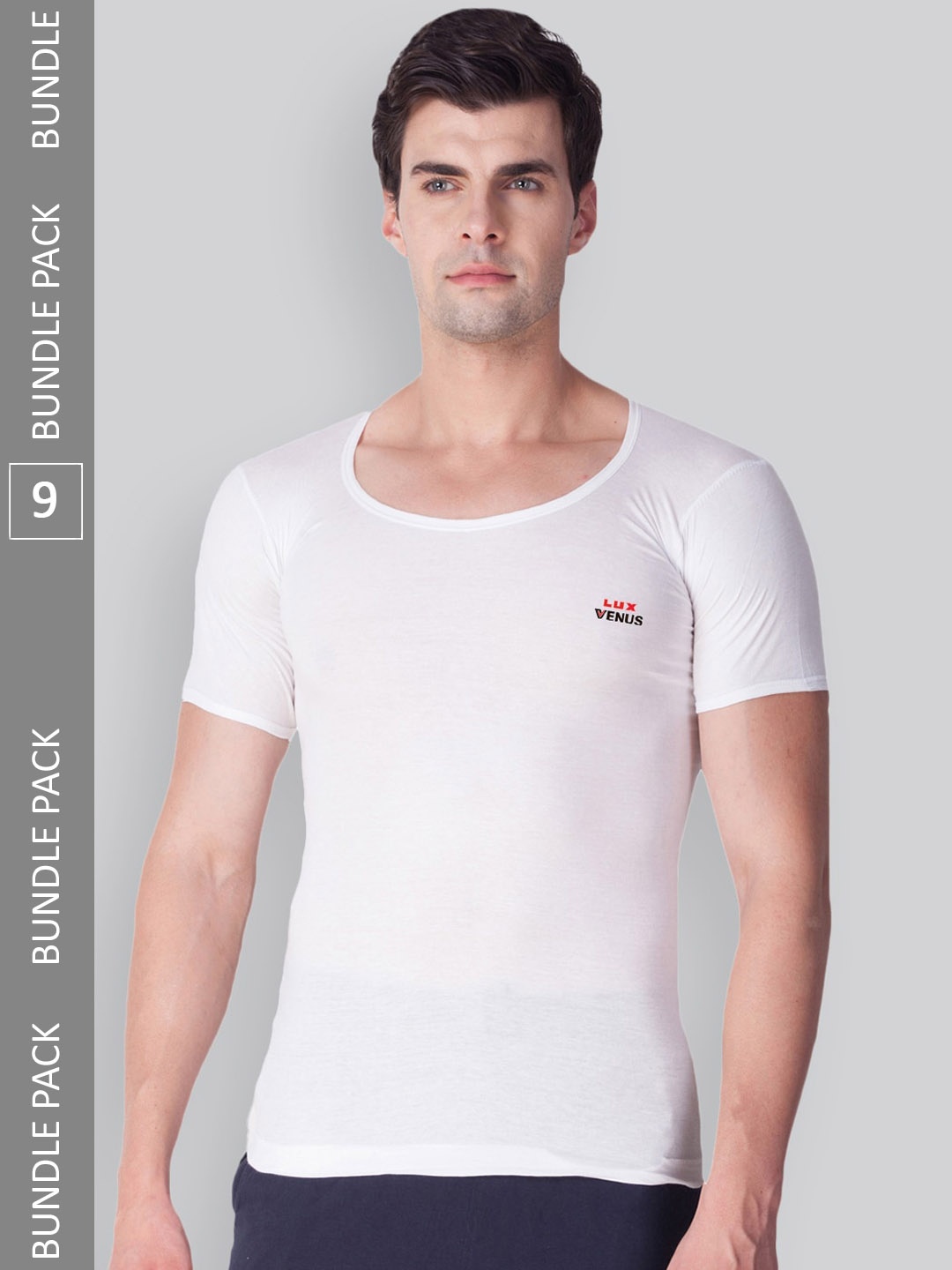 

LUX VENUS Men Pack Of 9 Brand Logo Detail Pure Cotton Innerwear Undershirt Vests, White