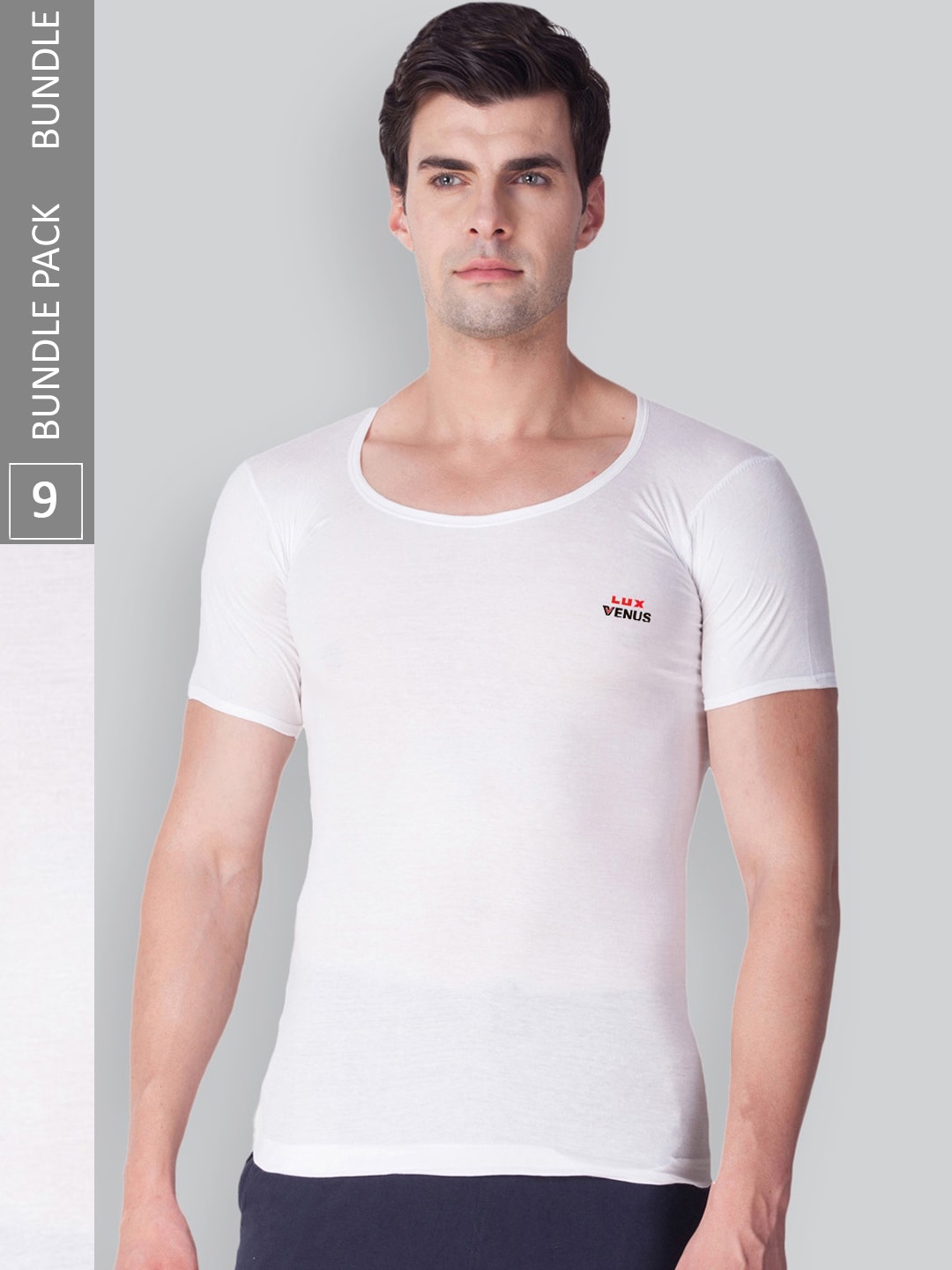 

LUX VENUS Pack Of 9 Brand Logo Printed Pure Cotton Undershirt Vests, White