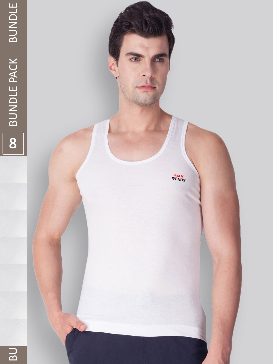 

LUX VENUS Men Pack Of 8 Round Neck Pure Combed Cotton Innerwear Vests, White