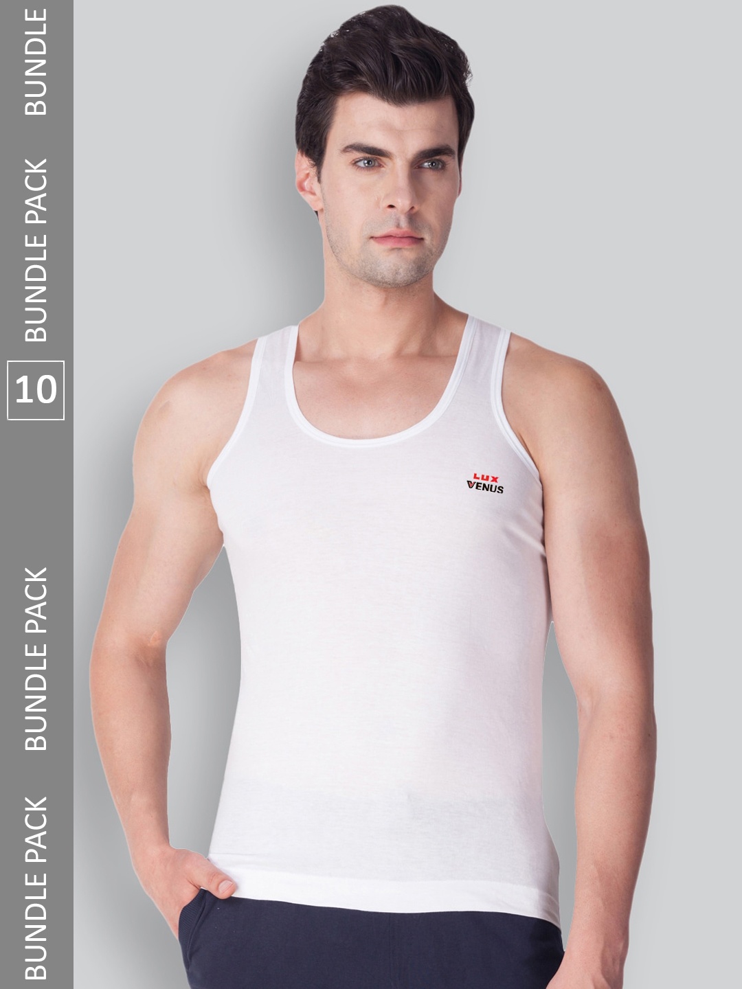 

LUX VENUS Pack Of 10 Brand Logo Printed Pure Cotton Basic Vests, White