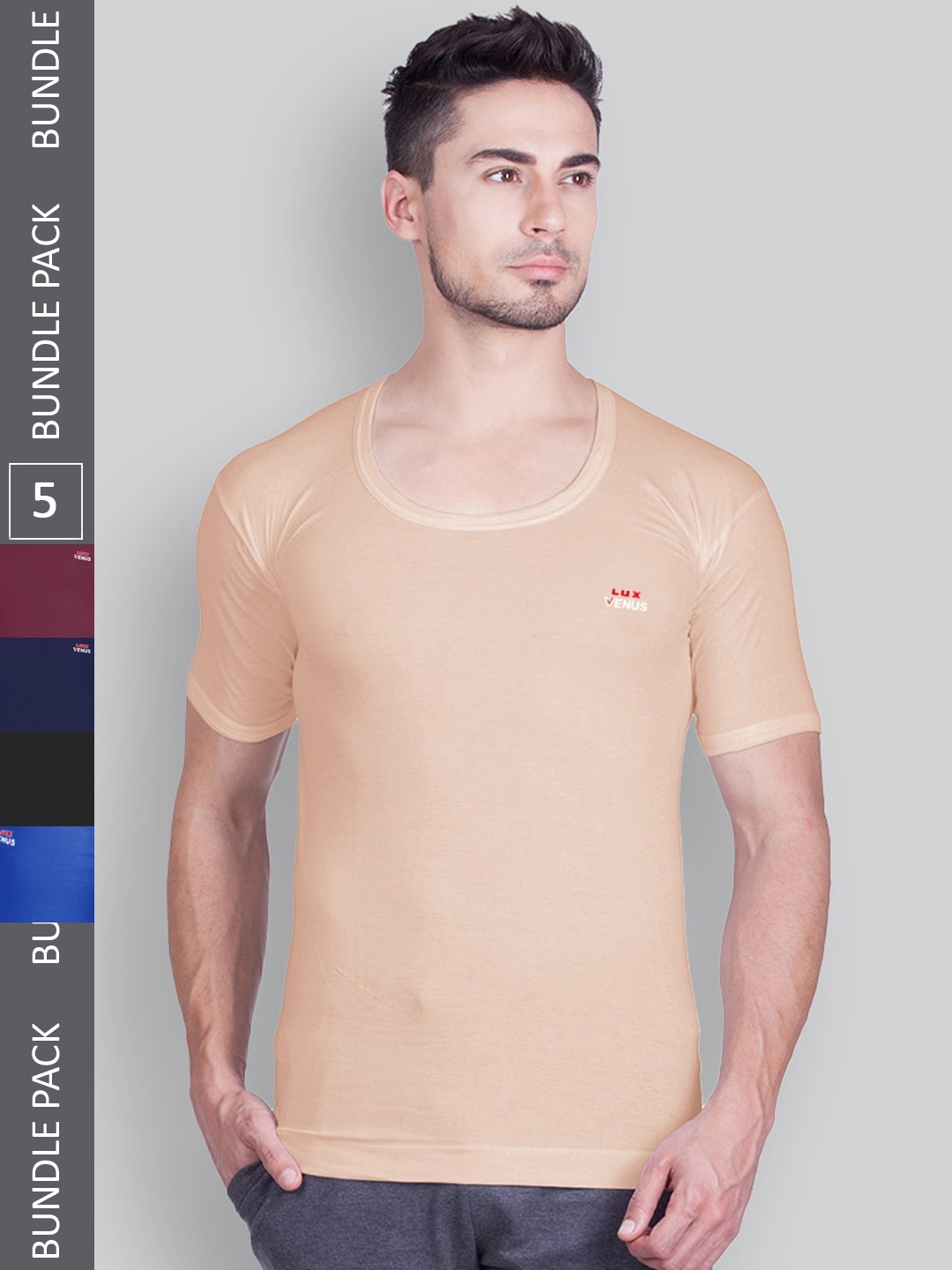 

LUX VENUS Pack Of 5 Assorted Pure Cotton Half Sleeve Undershirt Vests