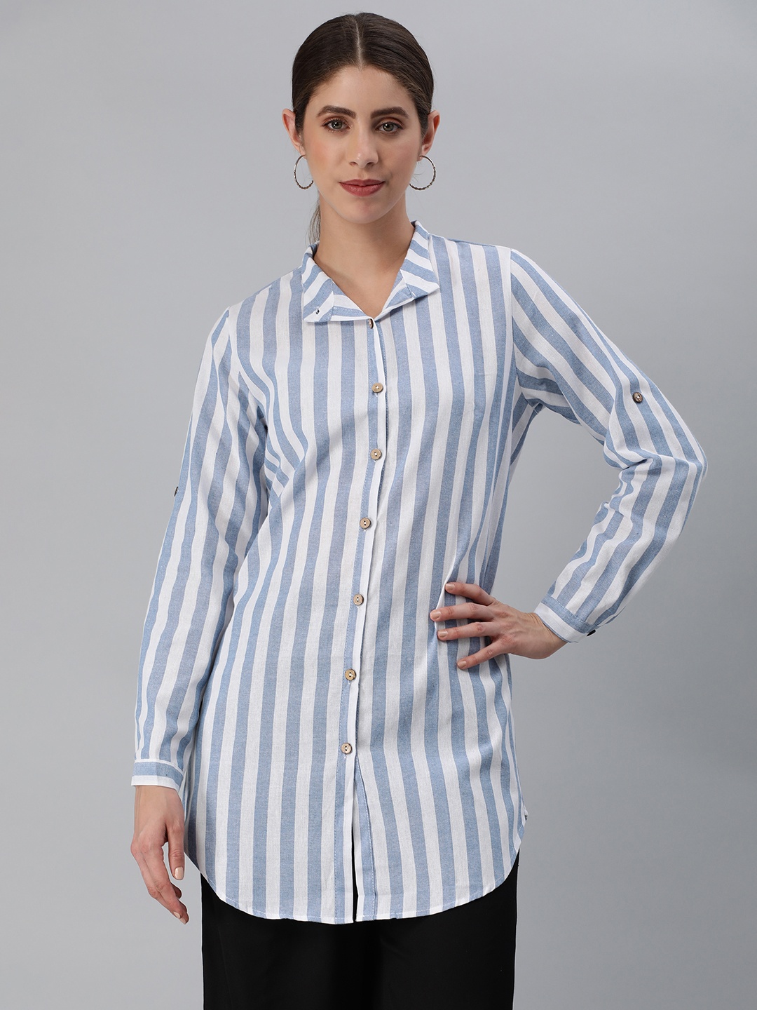 

London Rag Women Opaque Striped Casual Shirt, Blue