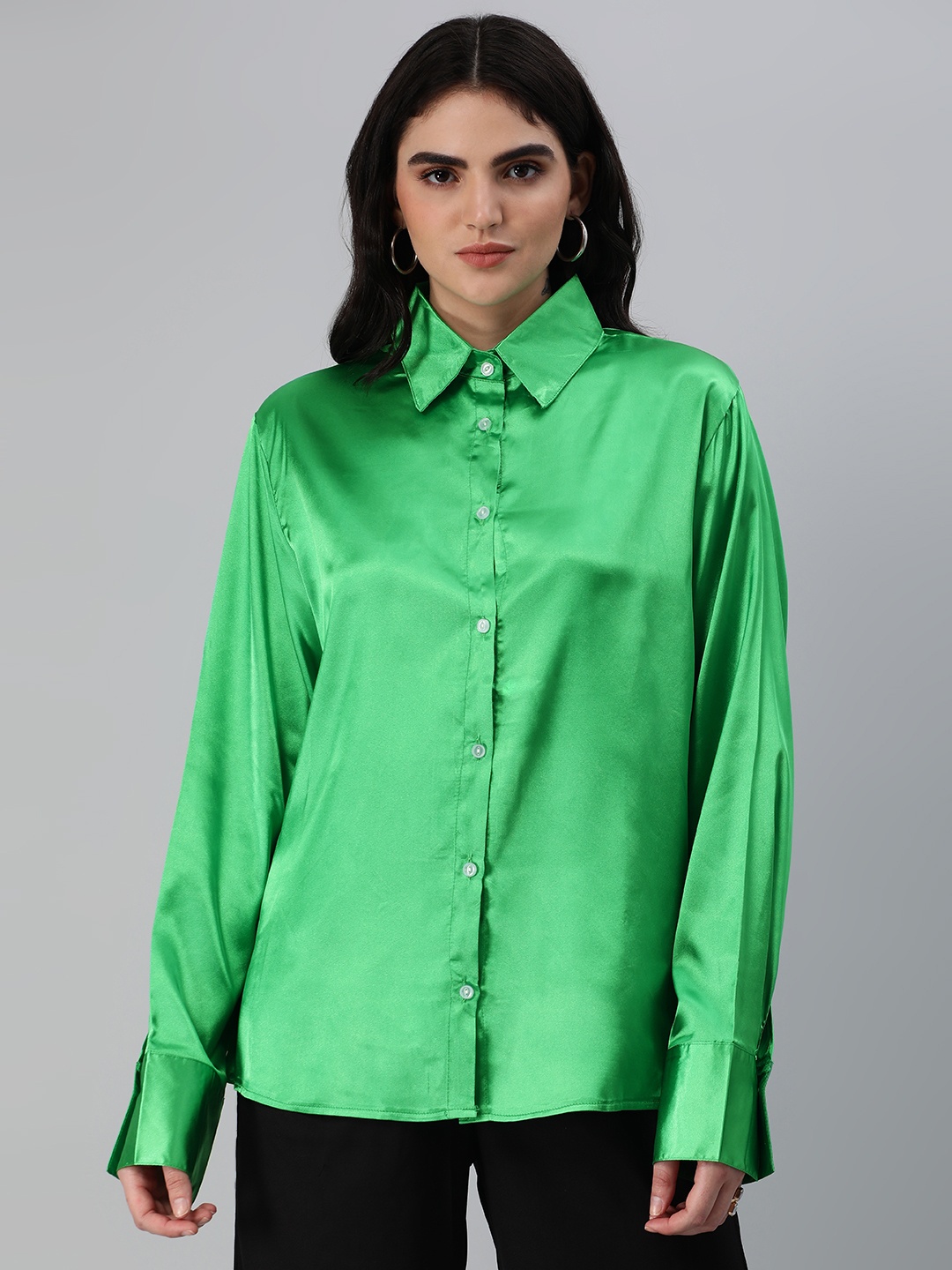 

London Rag Solid Opaque Satin Casual Shirt, Green