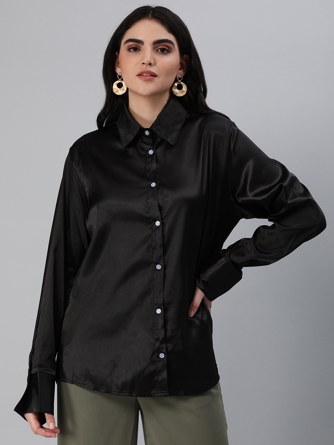 

London Rag Women Satin Opaque Casual Shirt, Black